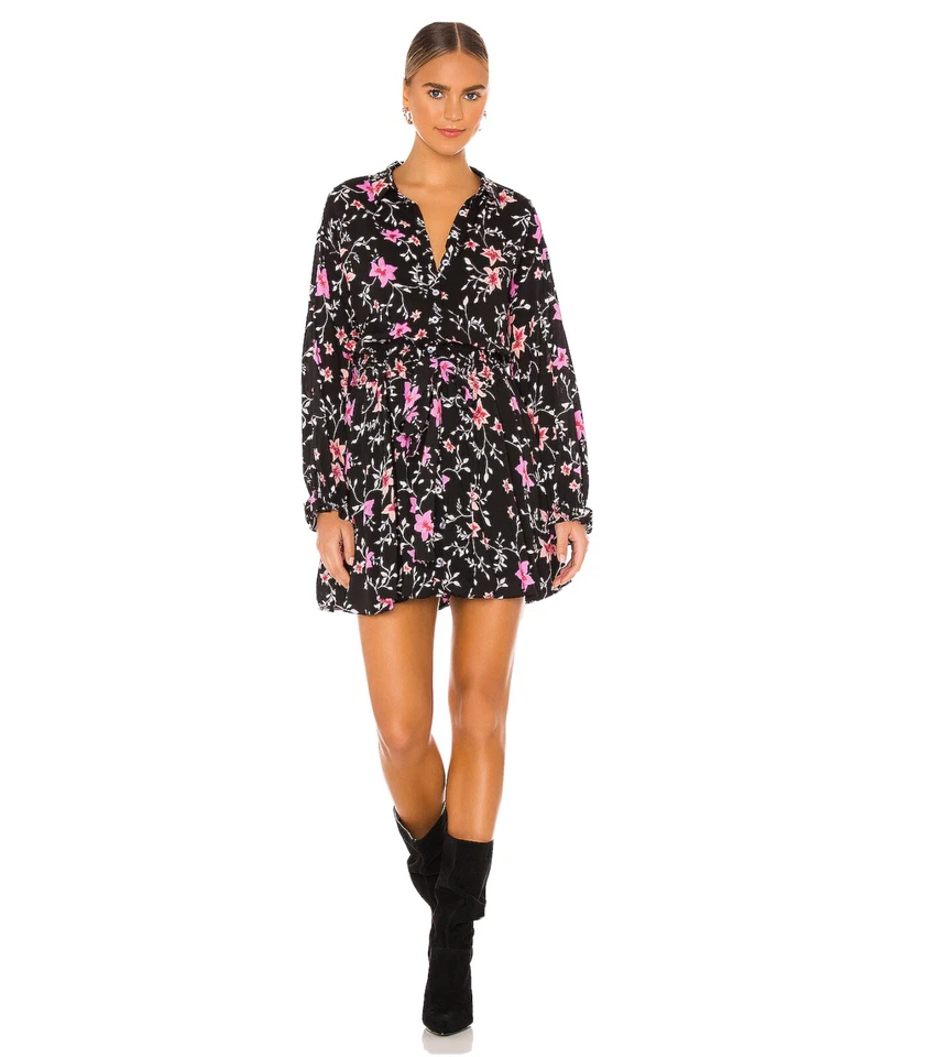 People Lighten up Floral Long Sleeve Black Pink Mini Dress Small