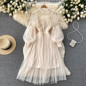 Women Lace Hollow Out Puff Sleeve Floral Dress Retro Mesh Fairy Gothic Lolita++ - Picture 1 of 14