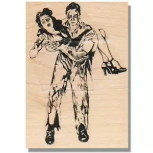 Wood Rubber Stamp, Scary Man With Woman, Halloween, Horror, Monster,Lady, People - Picture 1 of 2