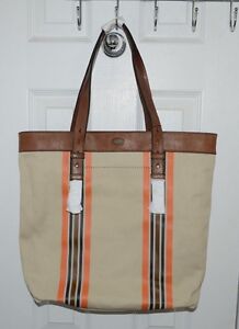 Fossil Estate CB Utility Shoulder Bag Canvas w Genuine Leather Trimming Tote NEW