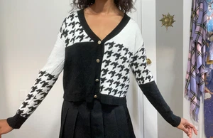 ASOS 90s Style Asymmetrical Sweater. Black and White Houndstooth Button Cardigan - Picture 1 of 6