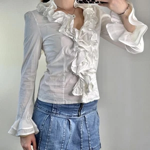 Y2K vintage stretchy frilly ruffle long sleeve shirt v neck fitted tailored - Picture 1 of 7