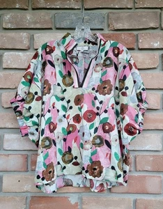 Entro Women's Poppy Pink Multi Floral Dolman Sleeves Top Striped Collar MEDIUM - Picture 1 of 7
