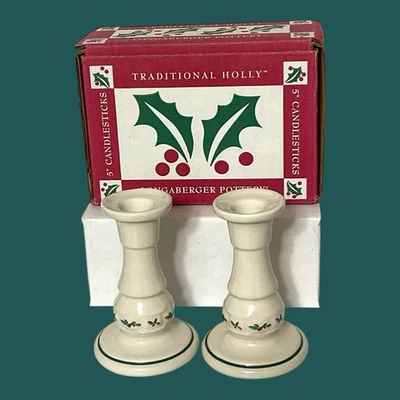 Juego de 2 candelabros Longaberger Pottery Tradicional Holly 1996 de colección de 5" en caja Foto 1 de 4