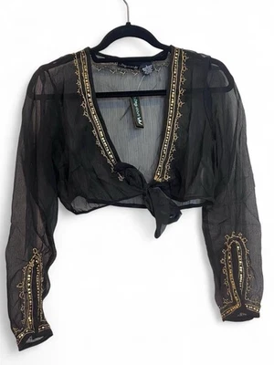 Chaqueta Bolero Negra Seda Bordada/Cuentas Para Mujer Talla M/L Y2K Deadstock Boho Foto 1 de 4