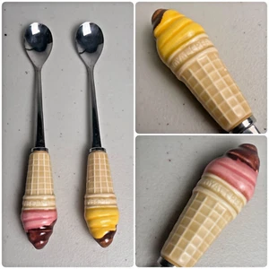 Vintage Rosenthal Netter Ice Cream Sundae Spoons 7" Stainless Steel Ceramic End - Picture 1 of 10