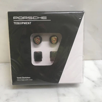 PORSCHE DESIGN OEM FACTORY NEW TPMS APPROVED CRESTED VALVE STEM CAPS IN BLACK. - Image 1 of 4