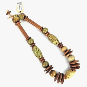 Collana Vintage Pietra Serpentina Intagliata e Perline Legno | Dichiarazione Grossa NOS - Foto 1 di 6