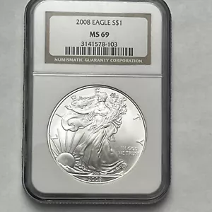 2008 AMERICAN SILVER EAGLE $1 NUMISMATIC GUARANTY MS69 - 103 NGC - Picture 1 of 24