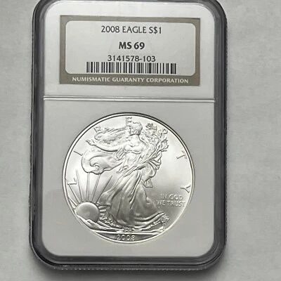 2008 AMERICAN SILVER EAGLE $1 NUMISMATIC GUARANTY MS69 - 103 NGC - Image 1 of 4