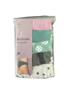M&S COLLECTION GREEN MIX 5 PACK COTTON PRINTED BRAZILIAN KNICKERS