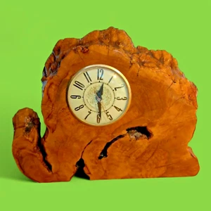 LANSHIRE Vintage Burl Wood Mantle Clock works! 14" olive? live edge Rustic MCM - Picture 1 of 10