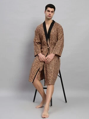 Roupão de banho masculino com estampa de leopardo leve verão algodão marrom - Imagem 1 de 4