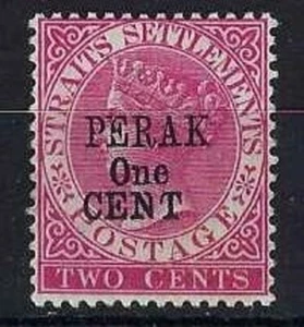 MALAYA PERAK SG55 1891 1c ON 5c BRIGHT ROSE NAME AT TOP MNH - Picture 1 of 2