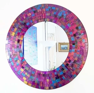 Espejo de Pared Mosaico Redondo Diseño Morado Dorado Azul, Hecho a Mano en Bali, 50cm-NUEVO - Imagen 1 de 7