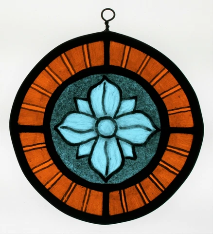 Stained Glass ,Hand Painted, Kiln Fired, Blue Flower Panel, 1002 C Cover