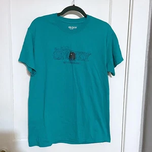 Great Smoky Mountains Embroidered T-Shirt Medium Teal Blue Short Sleeve Bear - Picture 1 of 4