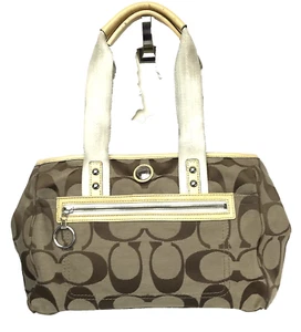 Coach Purse Satchel Hand Bag Daisy Brown C Logo Yellow Patent Leather Trim 14878 - Picture 1 of 19