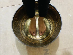 Large Buddha Standing Foot with Yantr Carved Antique Hand Hammered Singing Bowl - Picture 1 of 8