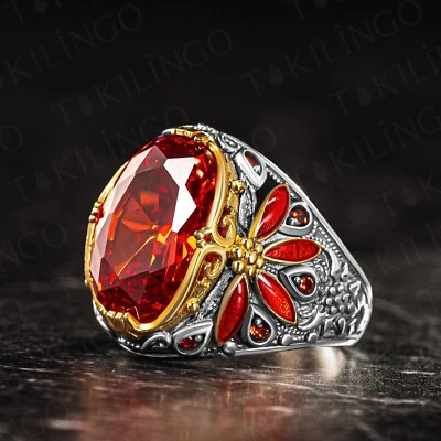 Anillo para hombre de piedra de circón de corte brillante rojo de plata de ley 925 con piedra granate rojo Foto 1 de 4