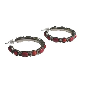 Vintage Red Bead Hoop Earrings Silver Tone Design Fashion Gift Mom Beach Core - Picture 1 of 3