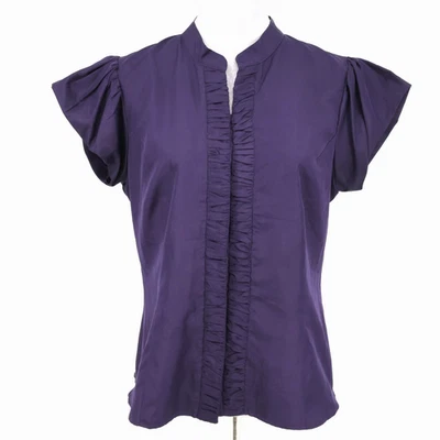Kenar Top Womens Large Dark Purple Blouse Ruffle Sleeve Gathered Trim Button Up - Image 1 of 4