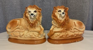 Antique Pair of Staffordshire Lions with Glass Eyes Beautiful - Picture 1 of 24