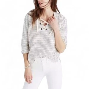 Madewell Striped Lace-Up Top Women’s Small Tie Front Sweatshirt Nautical Casual  - Picture 1 of 8