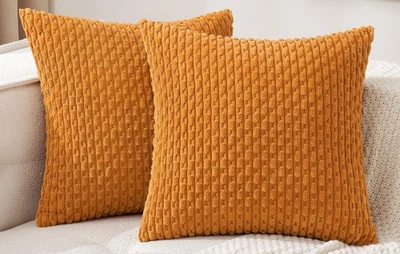 Par de fundas de almohada 18x18 calabaza, naranja quemado chenilla pana maíz rayas A1 Foto 1 de 3