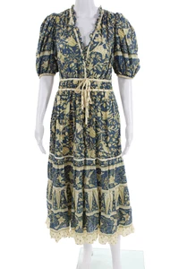 Ulla Johnson Womens Short Sleeve V Neck Floral Midi Dress Blue White Size 4 - Picture 1 of 7