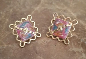 Vintage Ohrringe goldfarben Emaille rosa blau Retro Schmuck - Bild 1 von 6