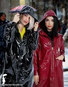 Women'S Trench Coat Pvc Black Hoodie Collar Rain Suit Vinyl Jacket - Picture 1 of 6