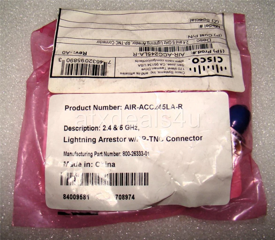 Cisco AIR-ACC245LA-R 2.4 and 5 GHz Lightning Arrestor RP-TNC Connector New - Image 1 of 1