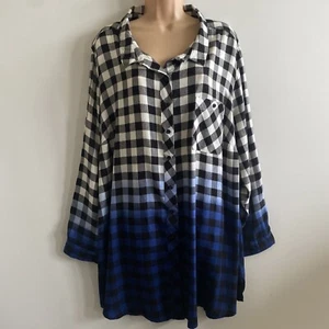 Yours Tunic Shirt Sz 30-32 Black White Blue Check Longline Sleeved Pocket Women - Picture 1 of 12
