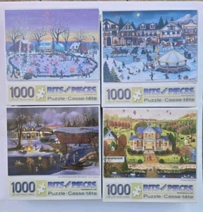New Lot Of 4 Bits and Pieces 1000 Piece Jigsaw Puzzles Christmas Winter Fall  - Picture 1 of 11