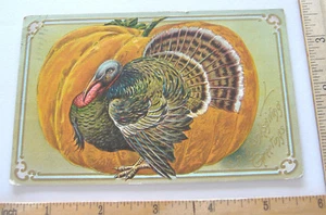 ~VINTAGE EMBOSSED THANKSGIVING POSTCARD ~TURKEY STANDING IN FRONT OF PUMPKIN~ - Picture 1 of 2