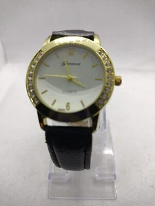 Geneva Watch Crystals Women Unisex Girls Stainless Steel Gold tone Black Leather - Picture 1 of 4