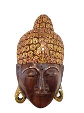 Buddha mask wood sculpture brown and gold wall decor