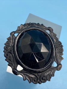 Art Deco Black Metal Frame Lace Like Brooch w/Faceted Oval Stone 2"Tx 2.5"W VTG - Picture 1 of 13