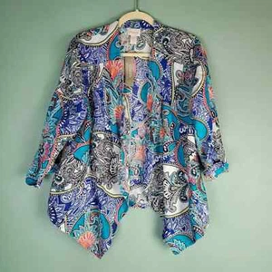 Chico's Blue Paisley Linen Open Front Long Sleeve Drape Jacket Size 2 New - Picture 1 of 7