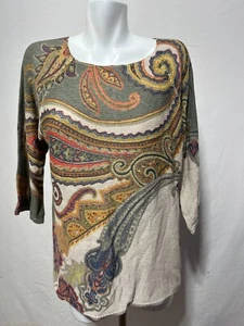 Chico's Damen 2 Medium Top Shirt leichter Pullover Paisley grün Print 3/4 Arm - Bild 1 von 6
