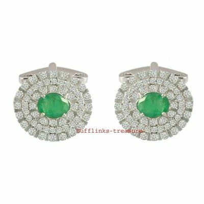 Natural Emerald & CZ Gemstones With 925 Sterling Silver Cufflinks For Men's #955 Foto 1 de 3