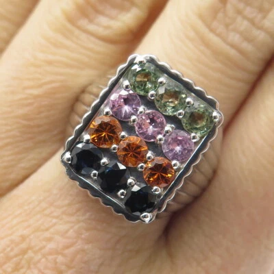 DSMK 925 Sterling Silver Round-Cut Multi-Color Sapphire Ribbed Ring Size 7.25 - Image 1 of 4