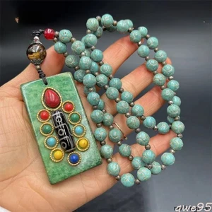 Antique Retro Necklace Sweater Chain Jade Heart Sutra Gemstone Inlaid Crafts - Picture 1 of 5