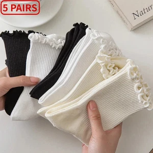 5 pares/lote calcetines para mujer volantes algodón tubo medio tobillo corto transpirable bla - Imagen 1 de 19
