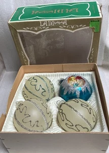 Vintage Lanissa Glass Christmas Ornaments Blue Indent & 3 Glitter Squiggly Lines - Picture 1 of 9