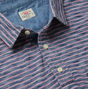 Faherty Polo Shirt Mens M Blue Pink Striped Indigo Dyed Pocket Slub Cotton - Picture 1 of 9