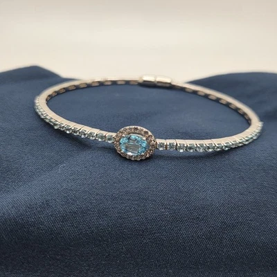 925 Sterling Silver UTC Tennis Bracelet Blue Stone Halo Magnetic Clasp 8" - Imagem 1 de 4