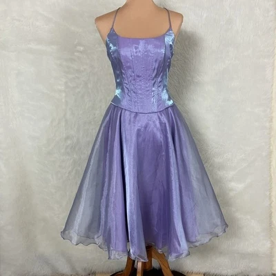 Vintage 80s 90s Cache Shimmer Lilac Purple Organza Lace Up Dress Fairy 6 - Image 1 of 4