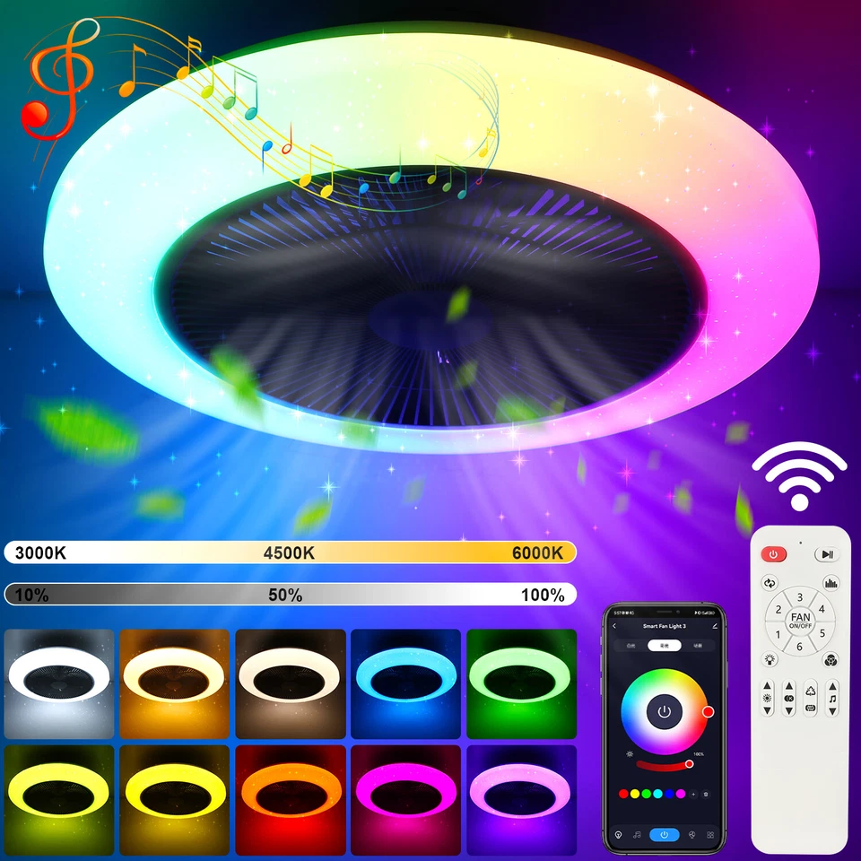 OYAJIA LED Ventilator RGB Deckenlampe Deckenventilator Dimmbar+Bluetooth Musik App 50CM